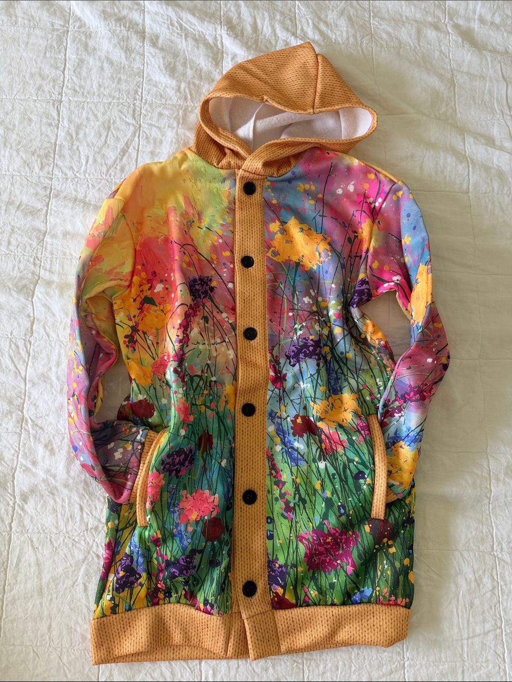 Floral Hooded Knit Cardigan in Mustard Trim